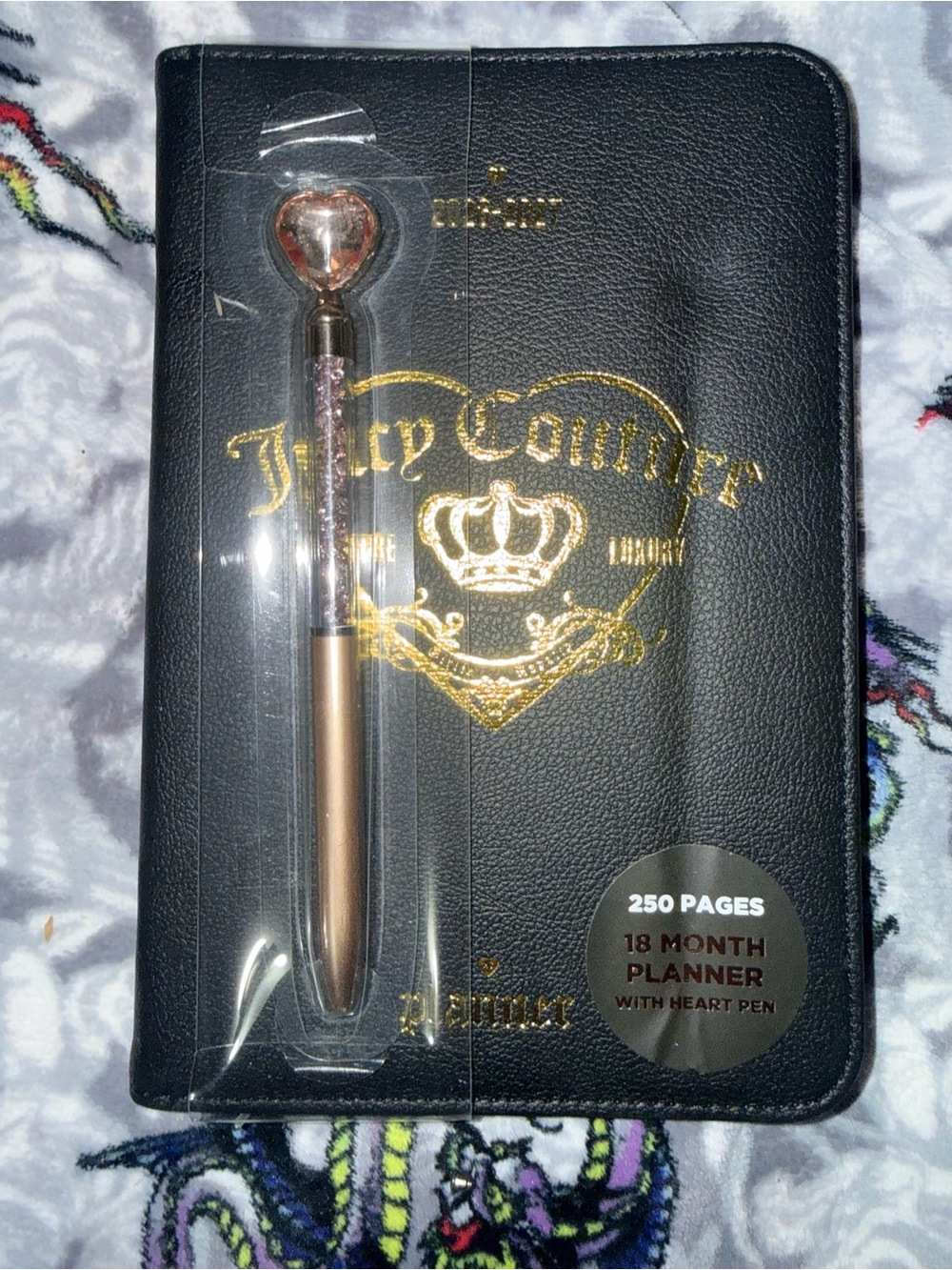 Juicy Couture Black Planner with Gold Foil Crest and Rose Gold Heart Pen